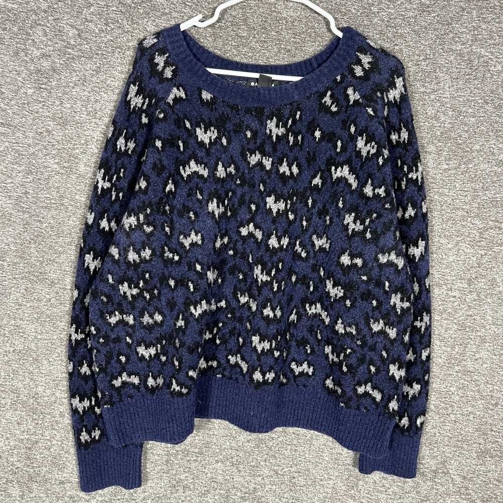 Athleta Sweater Womens XL Blue Hawthorn Textured Crew Merino Wool Leopard Knit